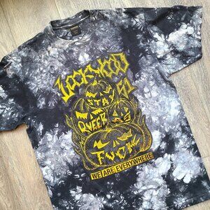 gray tie dye heavy weight t-shirt with yellow print by Lockwood51, size M